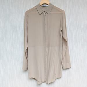 T ALEXANDER WANG 100% Silk Tan Long Sleeve Button Down Mini Shirt Dress, size S
